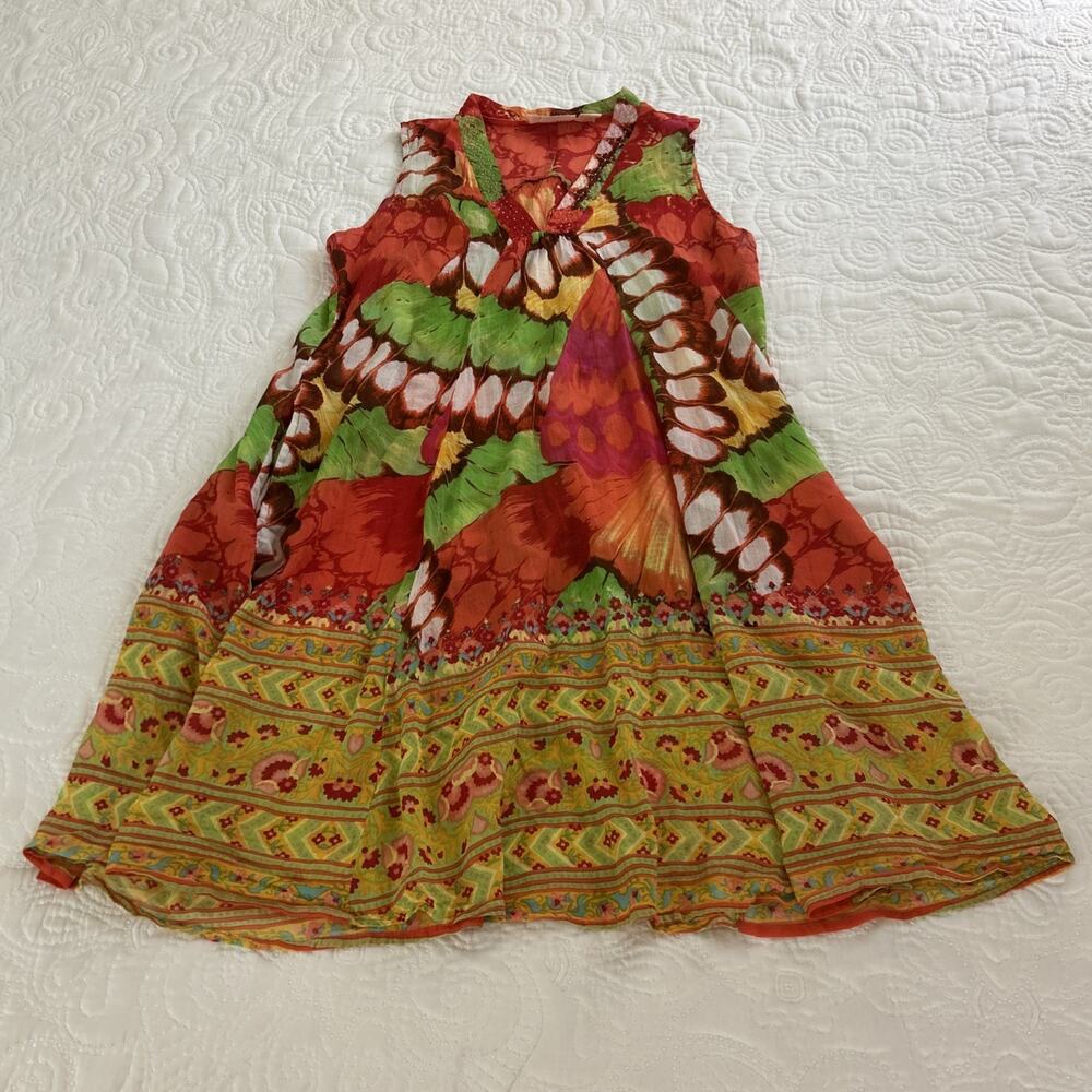 La Cera Womens L Cotton Gauze Sheer Midi Dress Tropical Floral V-Neck Colorful